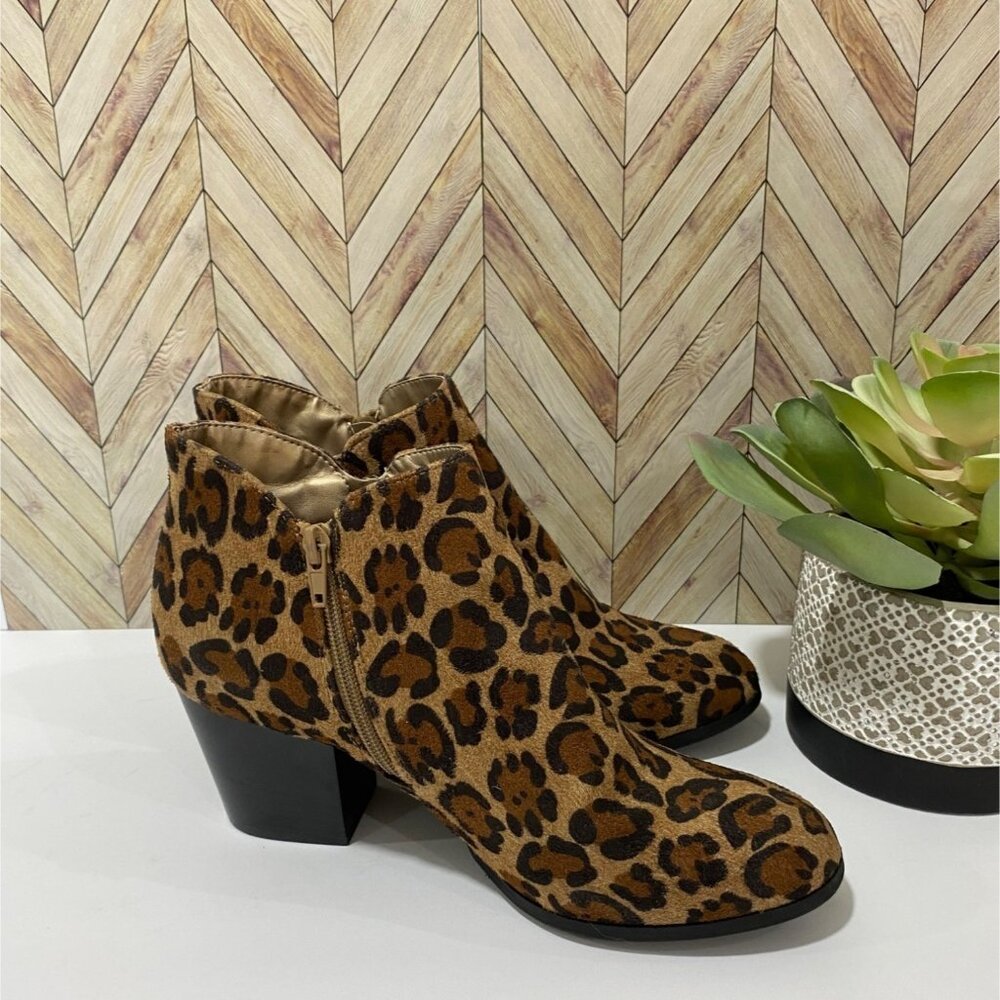 Style & Co Leopard Print Faux Suede High Heel Ankle Boots With Side Zipp Closure